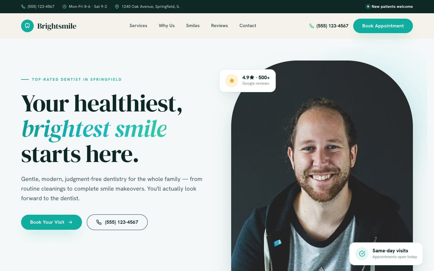 BrightSmile Dental — Dental practice · single-page website designed and built by Wefside